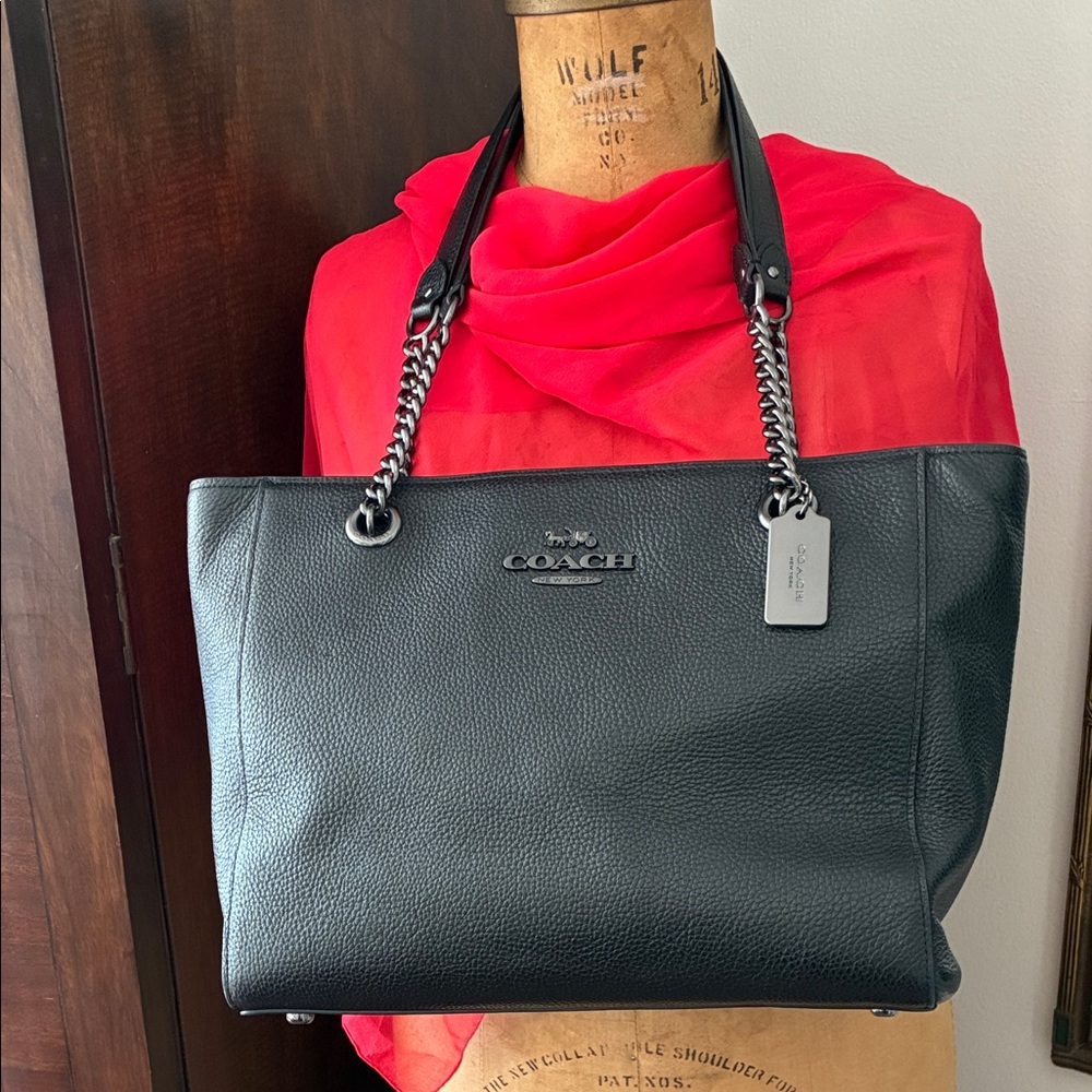 Coach Black Leather Tote with Chain Straps